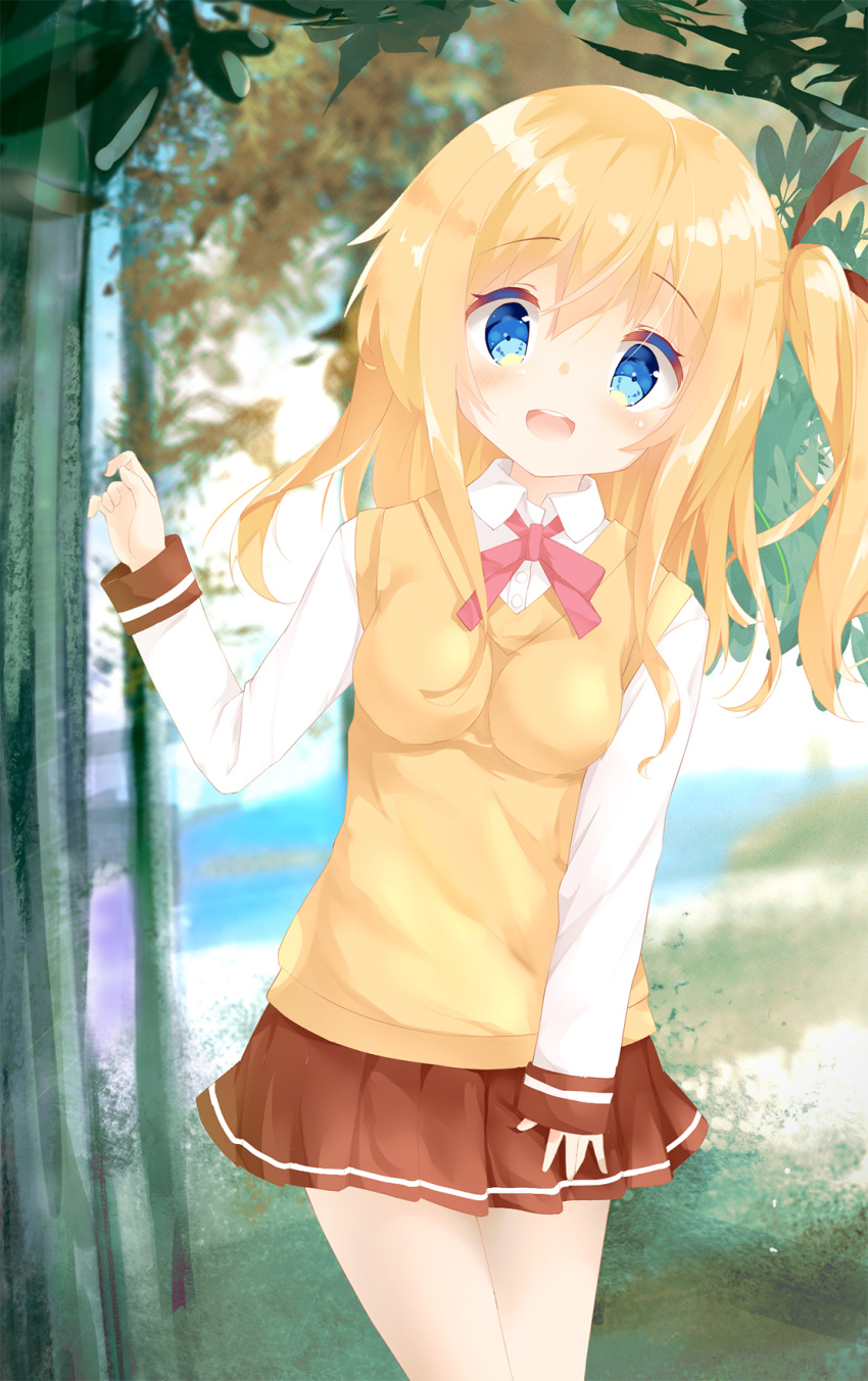 1girl :d bangs blonde_hair blue_eyes blurry blurry_background blush breasts brown_ribbon brown_skirt collared_shirt comic_girls day depth_of_field dress_shirt eyebrows_visible_through_hair forest hair_between_eyes hair_ribbon highres koizuka_koyume leaning_to_the_side long_hair long_sleeves looking_at_viewer medium_breasts nature one_side_up open_mouth outdoors pleated_skirt ribbon shiraki_shiori shirt skirt sleeves_past_wrists smile solo standing sweater_vest tree upper_teeth white_shirt