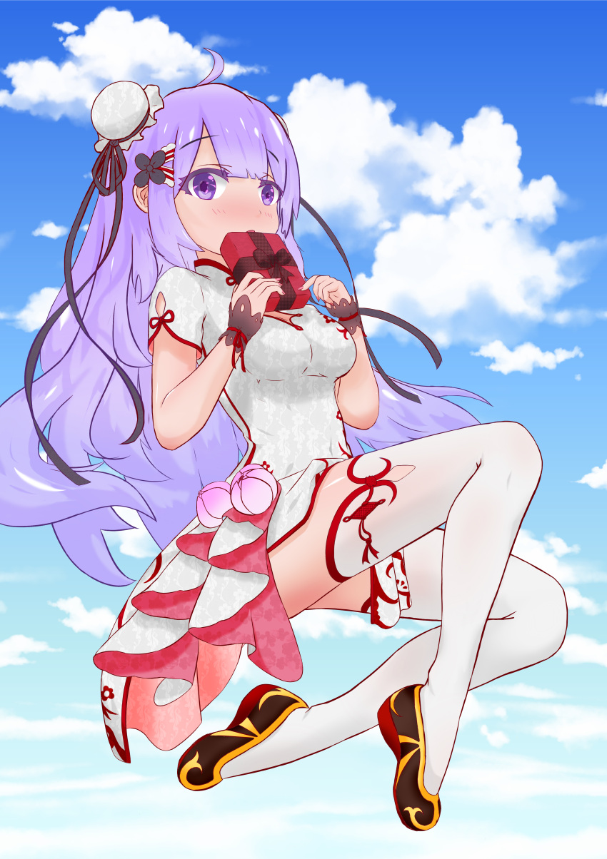 1girl absurdres ahoge azur_lane bangs black_footwear blue_sky blush box breasts bun_cover clouds commentary_request day double_bun dress eyebrows_visible_through_hair fingernails full_body gift gift_box hands_up highres holding holding_gift long_hair looking_at_viewer medium_breasts nail_polish outdoors parted_lips pelvic_curtain pink_nails purple_hair shoes short_sleeves side_bun sidelocks sky solo thigh-highs unicorn_(azur_lane) vchvjbnp very_long_hair violet_eyes white_dress white_legwear wrist_cuffs