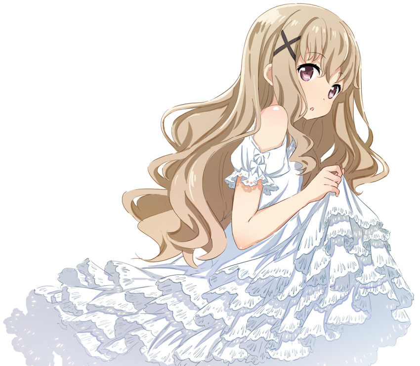 1girl abe_kanari brown_hair cowboy_shot dress dress_lift hair_ornament high_school_fleet lifted_by_self long_hair looking_at_viewer parted_lips simple_background solo uda_megumi violet_eyes white_background white_dress x_hair_ornament
