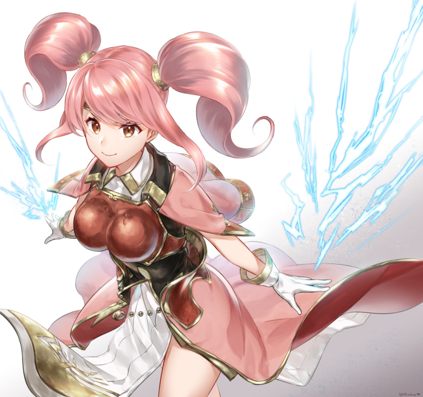 1girl armor breastplate cape circlet fire_emblem fire_emblem_echoes:_mou_hitori_no_eiyuuou futabaaf gloves highres long_hair looking_at_viewer mae_(fire_emblem) open_mouth pink_hair red_eyes simple_background smile solo twintails