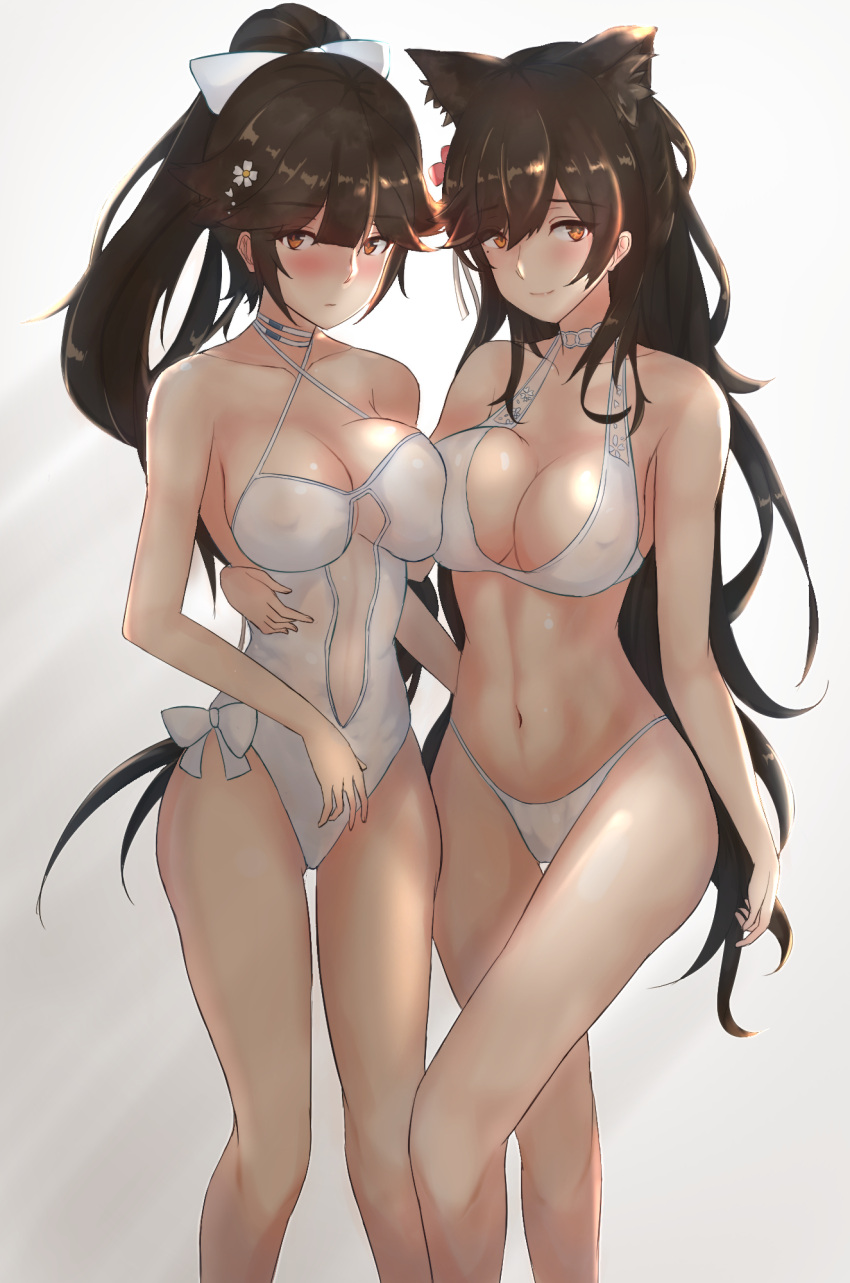 2girls animal_ears asymmetrical_docking atago_(azur_lane) azur_lane bikini black_hair bow breast_press breasts brown_eyes casual_one-piece_swimsuit cleavage criss-cross_halter extra_ears feet_out_of_frame hair_bow hair_flaps halterneck highres large_breasts mole mole_under_eye multiple_girls one-piece_swimsuit ponytail ribbon simple_background standing swimsuit takao_(azur_lane) white_background white_bikini white_bow white_ribbon white_swimsuit wolf_ears yusha_(m-gata)