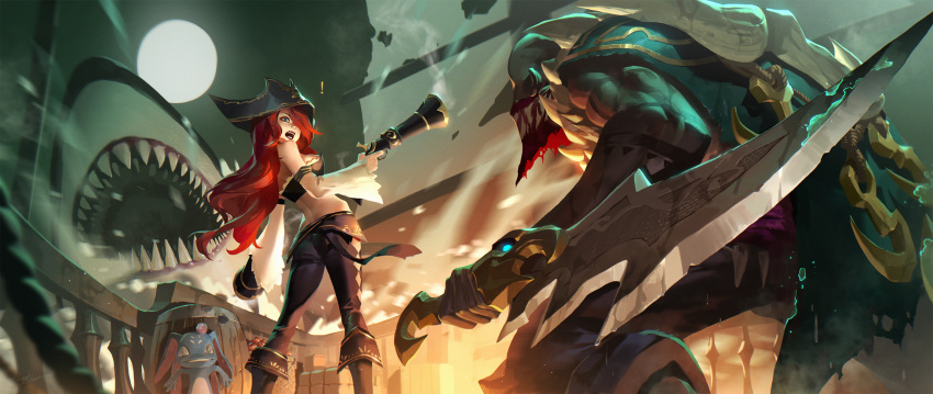 ! 1girl ambush bare_shoulders blue_eyes breasts chomper daye_bie_qia_lian detached_sleeves dual_wielding fighting fizz_(league_of_legends) from_behind full_moon gun hair_over_one_eye hat highres large_breasts league_of_legends long_hair looking_back midriff moon night open_mouth pirate_hat redhead sarah_fortune shark standing weapon
