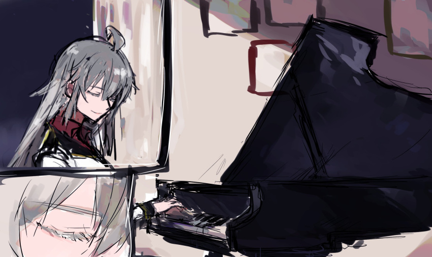 agtt25333 closed_eyes eyebrows_visible_through_hair gangut_(kantai_collection) grey_hair hair_between_eyes highres instrument kantai_collection long_hair long_sleeves military military_jacket military_uniform music naval_uniform no_hat no_headwear piano playing_instrument playing_piano red_shirt shirt twitter_username uniform