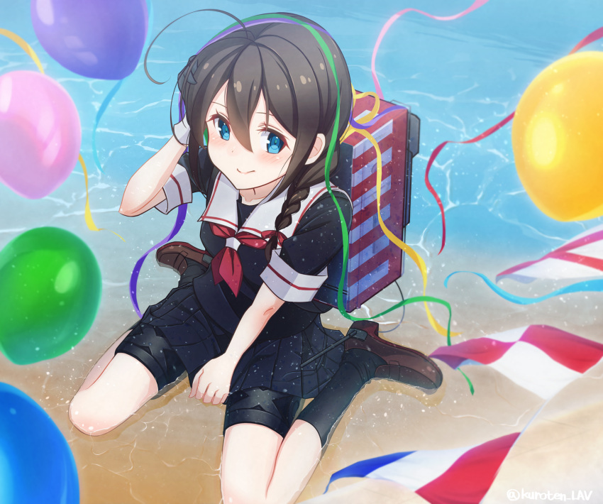 1girl ahoge balloon beach birthday black_hair black_legwear black_serafuku black_skirt blue_eyes braid brown_footwear from_above full_body hair_braid hair_over_shoulder highres kantai_collection kuroten loafers long_hair looking_at_viewer neckerchief pleated_skirt red_neckwear school_uniform seiza serafuku shigure_(kantai_collection) shoes short_sleeves single_braid sitting skirt smile solo