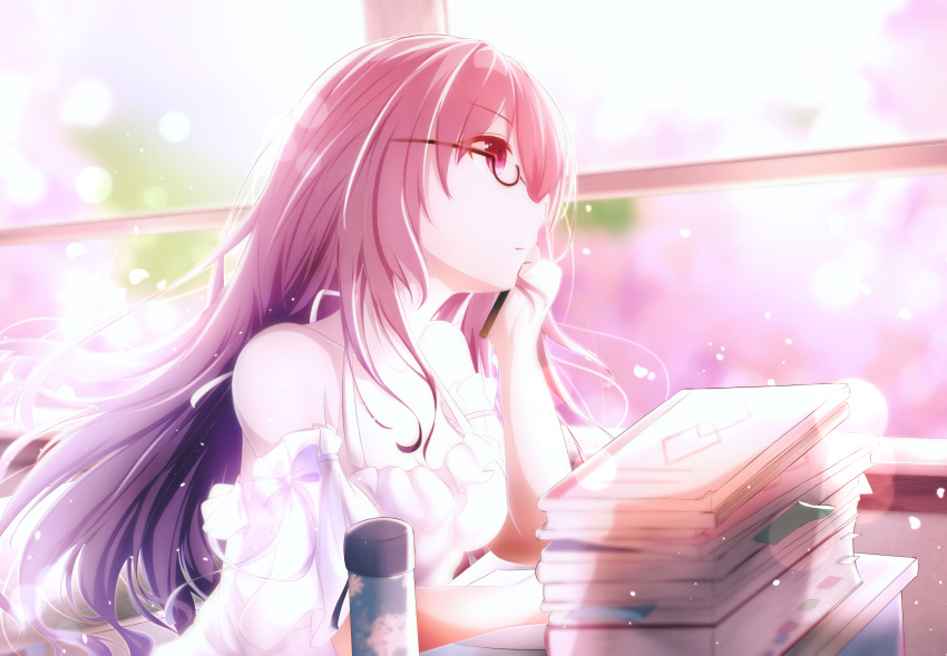 1girl alternate_costume bespectacled book breasts commentary_request fate/grand_order fate_(series) glasses highres indoors jiang_xin long_hair looking_away purple_hair red_eyes scathach_(fate/grand_order) solo