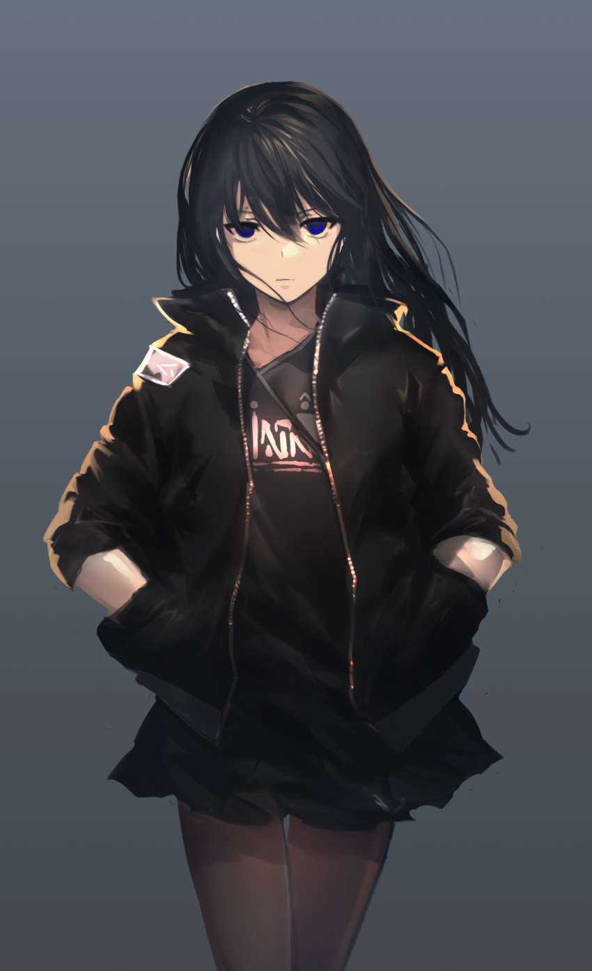 1girl absurdres bangs black_hair blue_eyes closed_mouth commentary_request cowboy_shot expressionless fixro2n hair_between_eyes hands_in_pockets highres jacket long_hair looking_at_viewer original simple_background skirt solo