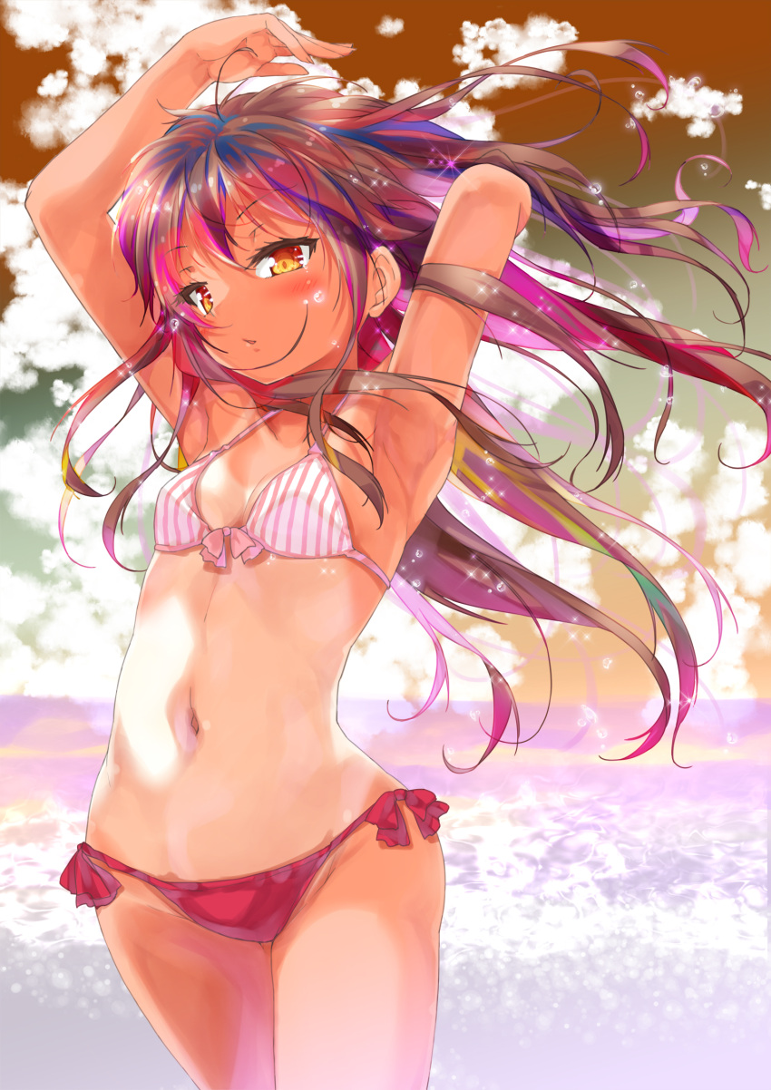 1girl armpits arms_up bare_arms bare_shoulders bikini blush bow_bikini breasts brown_eyes brown_hair cafe-chan_to_break_time cafe_(cafe-chan_to_break_time) clouds cloudy_sky collarbone commentary_request fingernails groin highres horizon long_hair looking_at_viewer mismatched_bikini navel ocean outdoors parted_lips porurin red_bikini_bottom sky small_breasts solo sparkle striped swimsuit tan vertical-striped_bikini_top vertical_stripes very_long_hair water water_drop