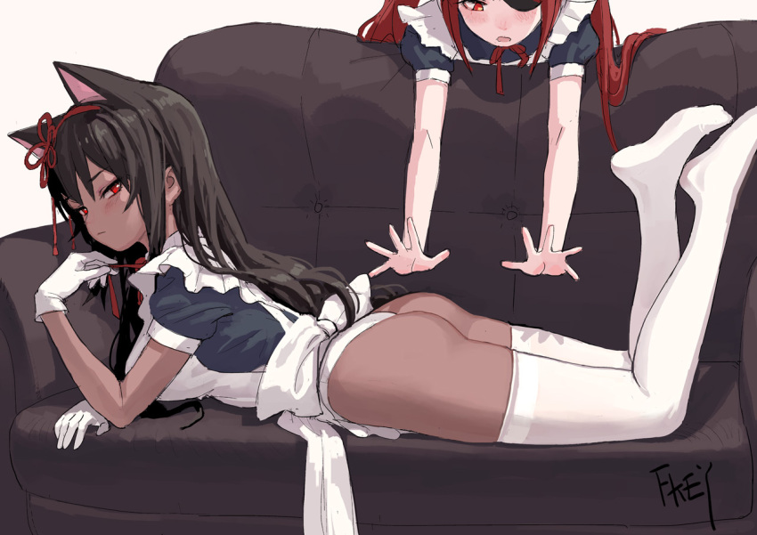 2girls animal_ears apron artist_name ass black_hair blush breasts cat_ears chinese_commentary commentary_request couch dark_skin eyepatch fkey frilled_apron frills full_body gloves grey_background hair_ribbon hairband long_hair looking_at_another looking_at_viewer looking_down lying maid maid_apron medium_breasts multiple_girls neck_ribbon no_pants no_shoes on_stomach original panties puffy_short_sleeves puffy_sleeves red_eyes red_hairband red_neckwear red_ribbon redhead ribbon short_sleeves sidelocks signature simple_background thigh-highs underwear white_apron white_gloves white_legwear white_panties