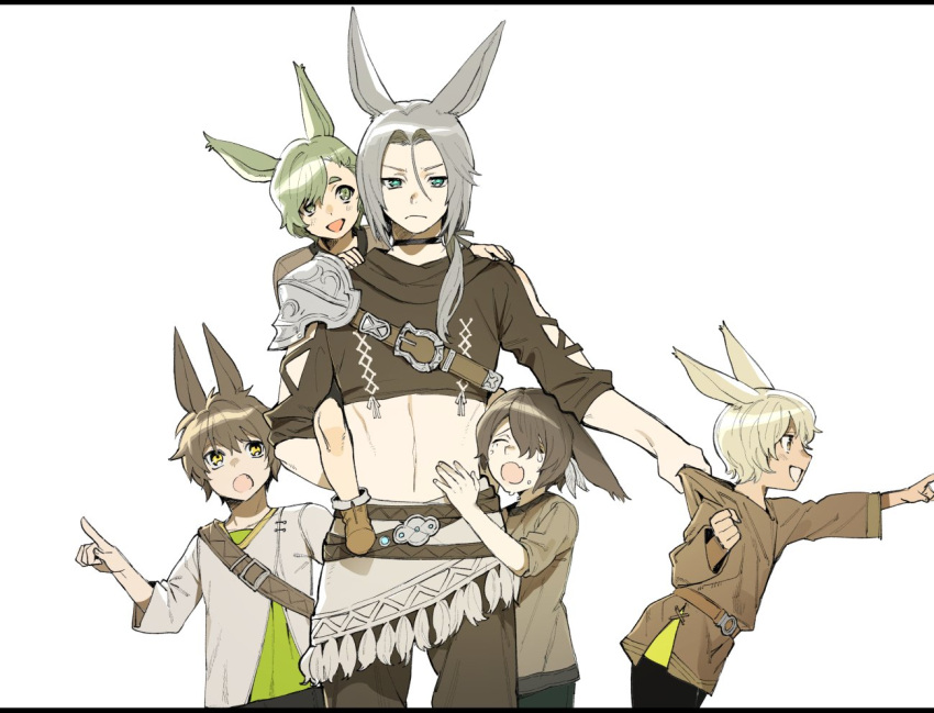 1boy 4others animal_ears annoyed avatar_(ff14) bangs blonde_hair brown_hair carrying child choker collar_tug commentary_request cropped_shirt crying fang final_fantasy final_fantasy_xiv frown green_eyes green_hair grey_hair hair_between_eyes hair_over_one_eye long_hair long_sleeves looking_at_viewer multiple_others navel niboshi_kom open_mouth parted_bangs piggyback pointing ponytail short_hair swept_bangs tears viera white_background yellow_eyes