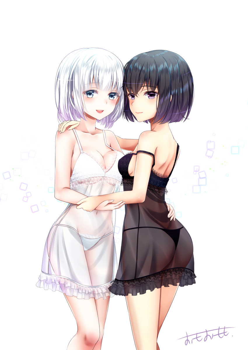 2girls :d absurdres arm ass back bangs bare_arms bare_legs bare_shoulders black_eyes black_hair black_panties blue_eyes breasts cleavage closed_mouth collarbone commentary_request couple covered_navel eyebrows_visible_through_hair female fingernails hair_between_eyes hand_on_another's_shoulder hand_on_another's_waist highres legs lips looking_at_viewer looking_back medium_breasts midriff multiple_girls mutual_yuri navel neck nightgown off_shoulder omoomomo open_mouth original panties round_teeth see-through sideboob signature silver_hair simple_background small_breasts smile strap_slip teeth underwear white_background white_panties yuri