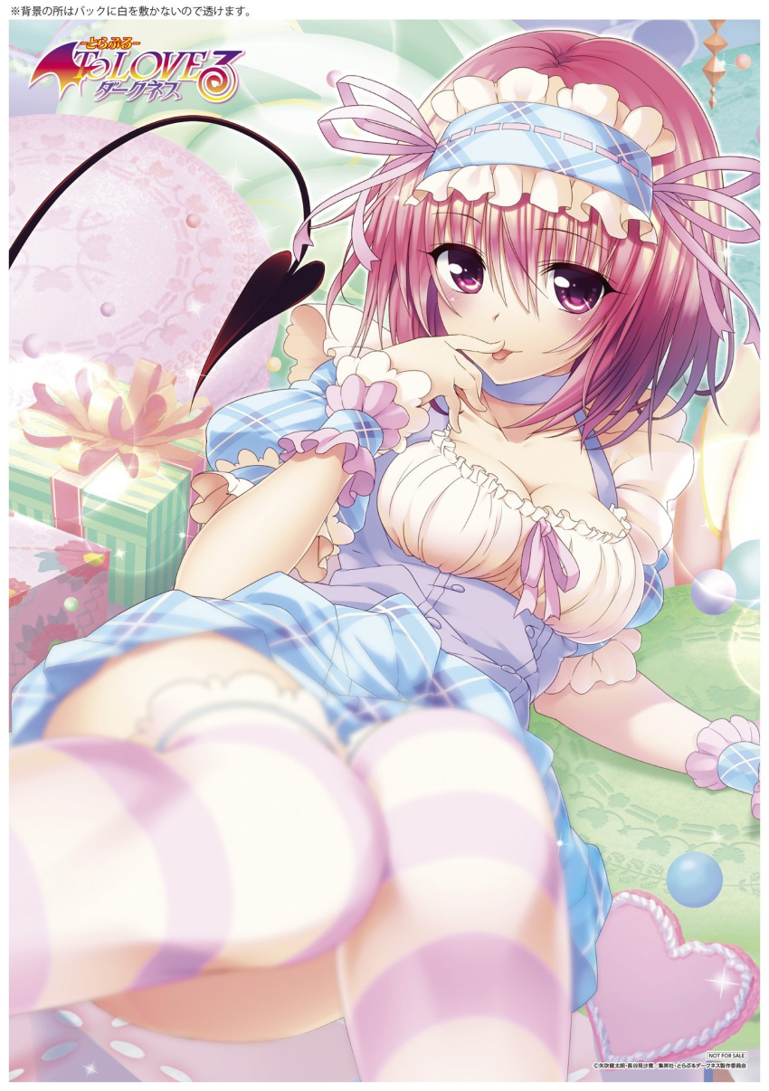 1girl blue_shirt blue_skirt blurry breasts cleavage demon_tail depth_of_field finger_licking foreshortening gift hairband hand_to_own_mouth heart highres knees_together_feet_apart legs licking lolita_hairband lying momo_velia_deviluke naughty_face official_art on_back pink_eyes pink_hair plaid plaid_skirt shirt short_hair skirt smile solo striped striped_legwear tail thigh-highs to_love-ru to_love-ru_darkness tongue tongue_out wrist_cuffs yabuki_kentarou