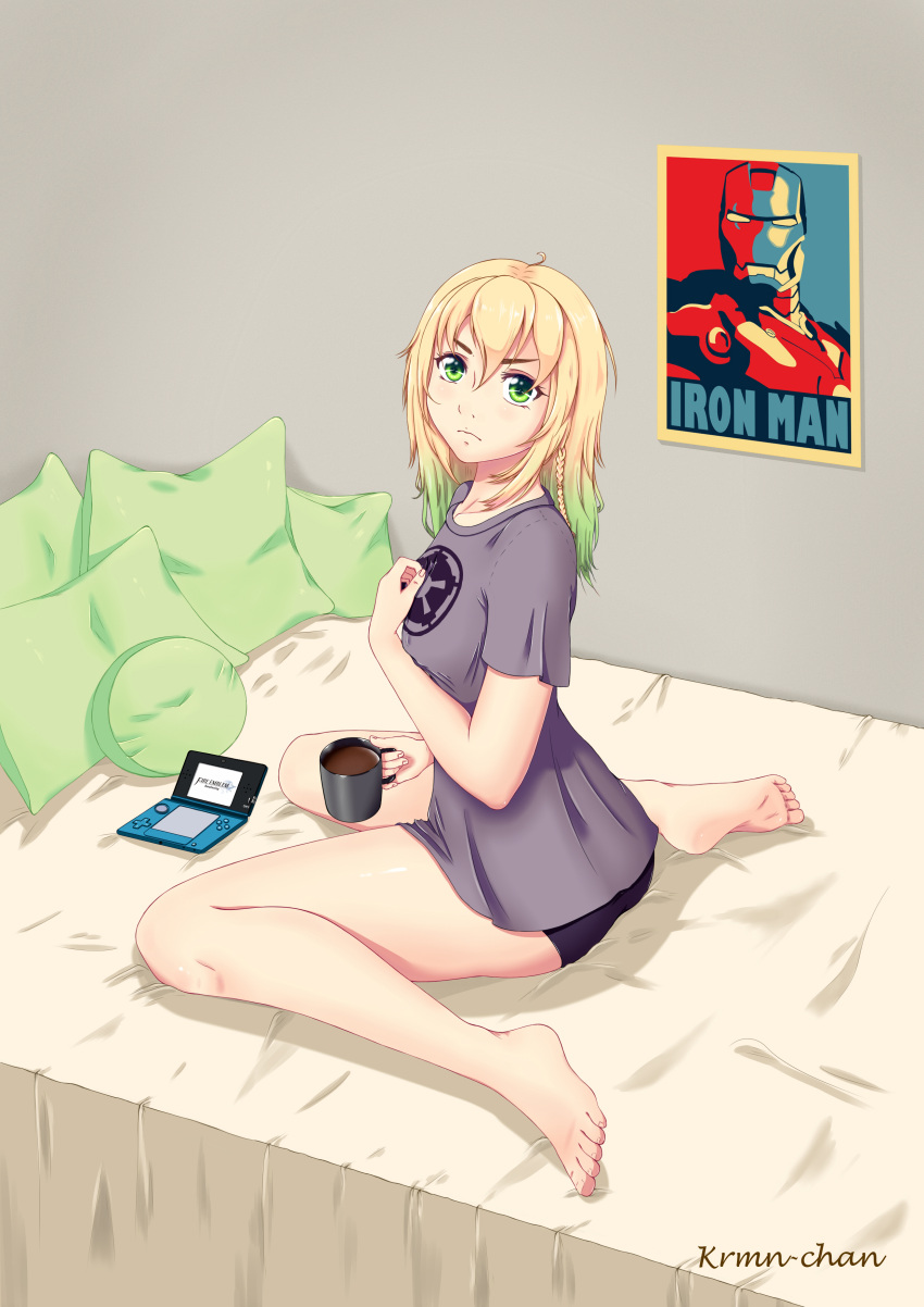 1girl absurdres ass bangs bare_arms bare_legs barefoot bed blonde_hair braid closed_mouth coffee coffee_mug cup eyebrows_visible_through_hair feet fire_emblem fire_emblem:_kakusei full_body galactic_empire green_eyes green_hair hair_between_eyes handheld_game_console highres holding iron_man krmn-chan legs looking_at_viewer mug nintendo_3ds original panties pillow shirt short_hair simple_background sitting soles solo toes underwear