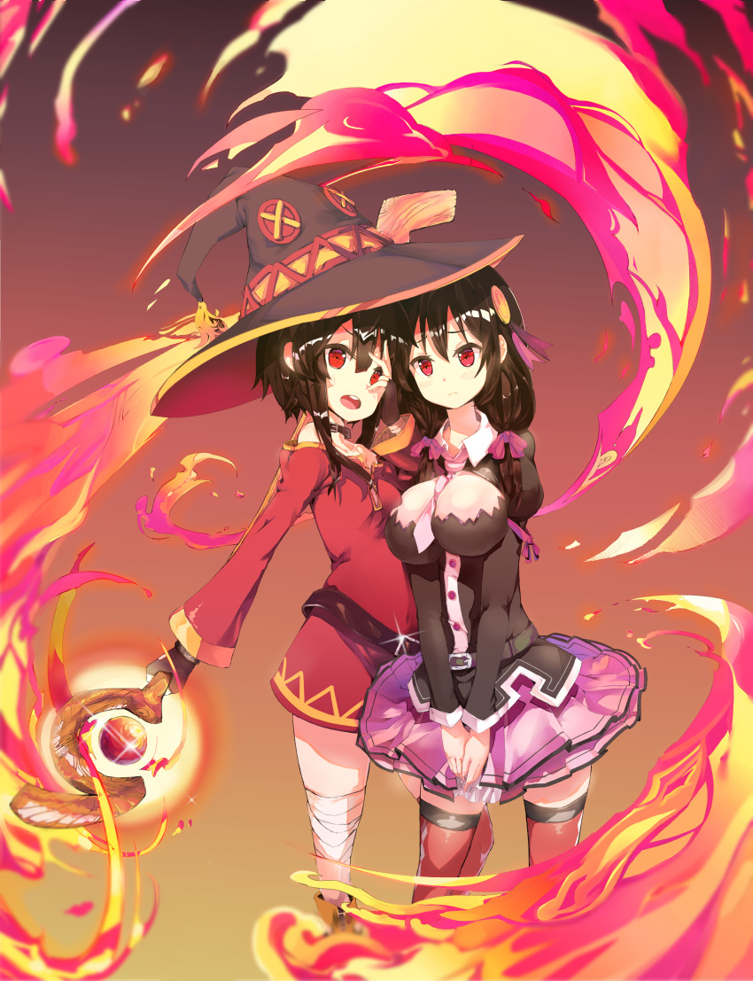 2girls absurdres bandage belt black_hair black_legwear blush bow braid breasts cape collar donguru dress fingerless_gloves fire gloves hair_bow hair_ornament hat highres holding holding_staff kono_subarashii_sekai_ni_shukufuku_wo! large_breasts long_hair looking_at_viewer megumin multiple_girls necktie open_mouth red_dress red_eyes ribbon short_hair skirt smile staff thigh-highs witch_hat yunyun_(konosuba)