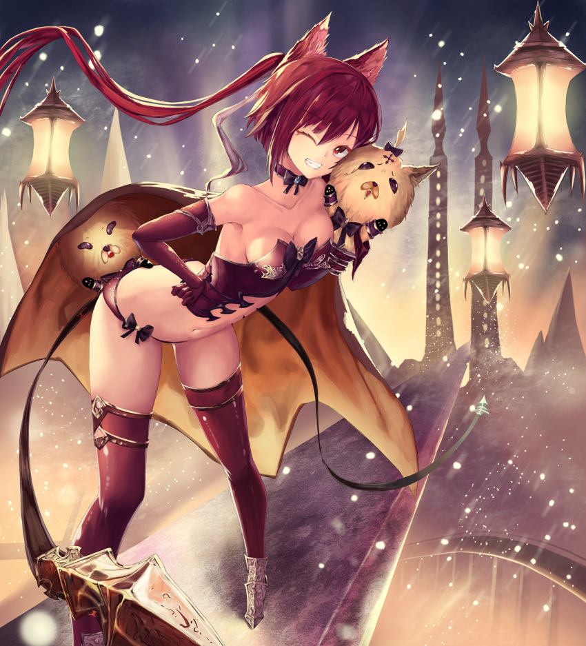 1girl ;d armored_boots bangs bent_over boots breastplate breasts cerberus_(shingeki_no_bahamut) choker cleavage collarbone elbow_gloves eyebrows_visible_through_hair floating_hair gloves grin hair_between_eyes hand_on_hip highres long_hair medium_breasts midriff navel nekobell night one_eye_closed open_mouth outdoors panties ponytail red_eyes red_gloves red_legwear red_panties redhead shingeki_no_bahamut shiny shiny_clothes sideboob smile solo standing stomach strapless thigh-highs underwear very_long_hair