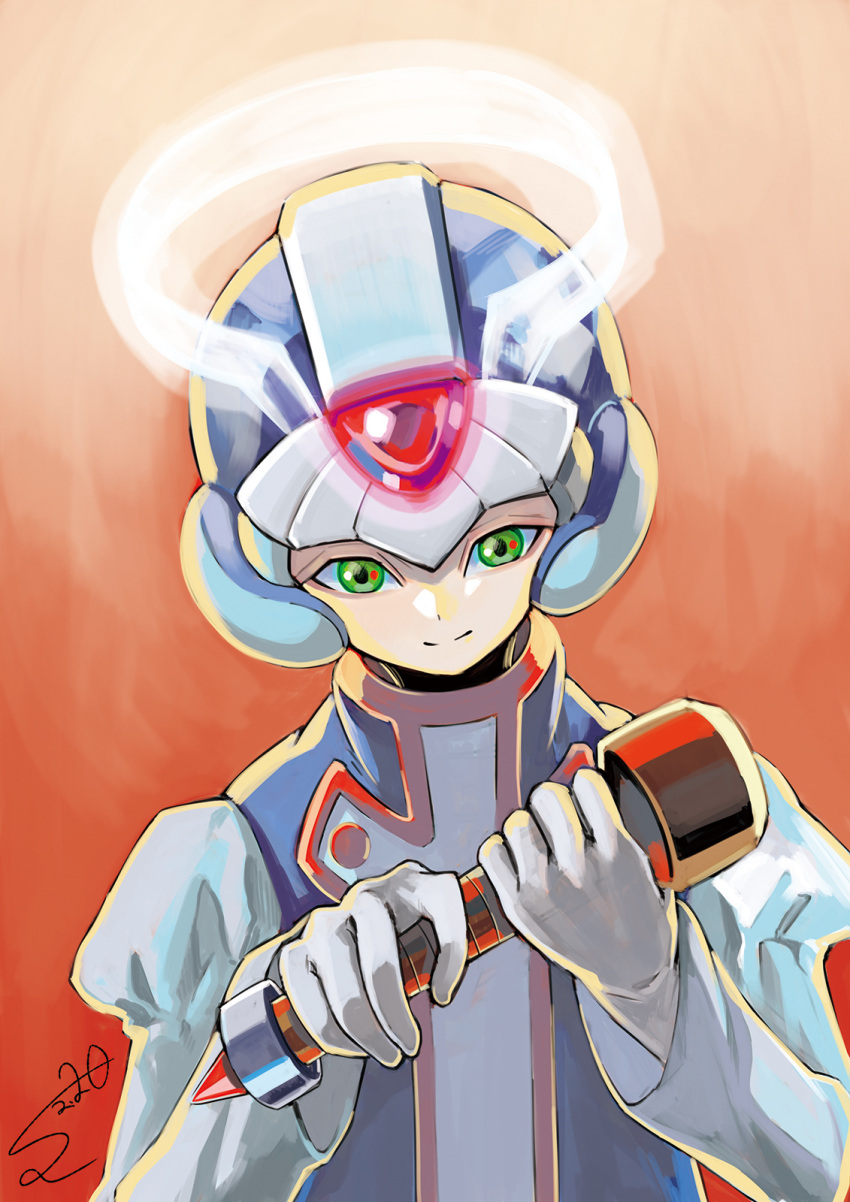 1boy android forehead_jewel gloves gradient gradient_background green_eyes helmet highres holding long_sleeves male_focus portrait red_background rockman rockman_zero signature smile solo sumomo white_gloves x_(rockman)