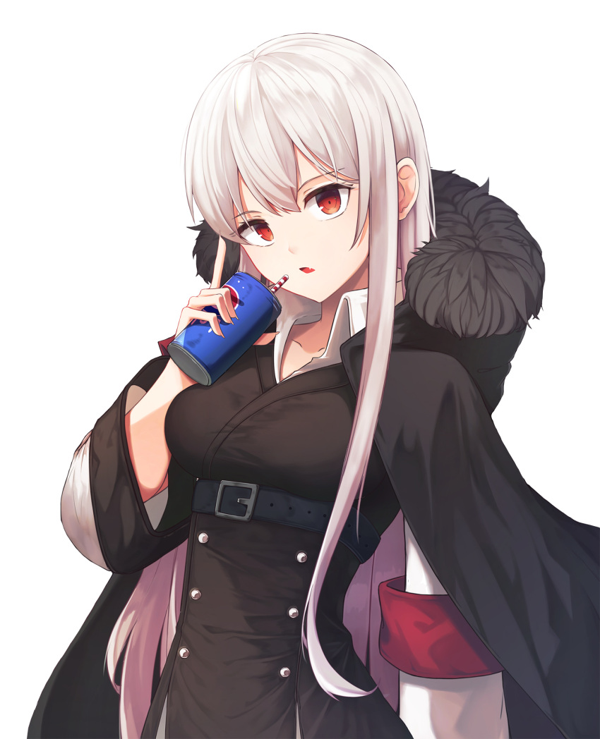 1girl belt black_cape cape collarbone drinking_straw eyebrows_visible_through_hair girls_frontline hair_between_eyes highres holding hooded index_finger_raised kar98k_(girls_frontline) long_hair open_mouth red_eyes silver_hair simple_background solo sugar_(dndi888) upper_body very_long_hair white_background