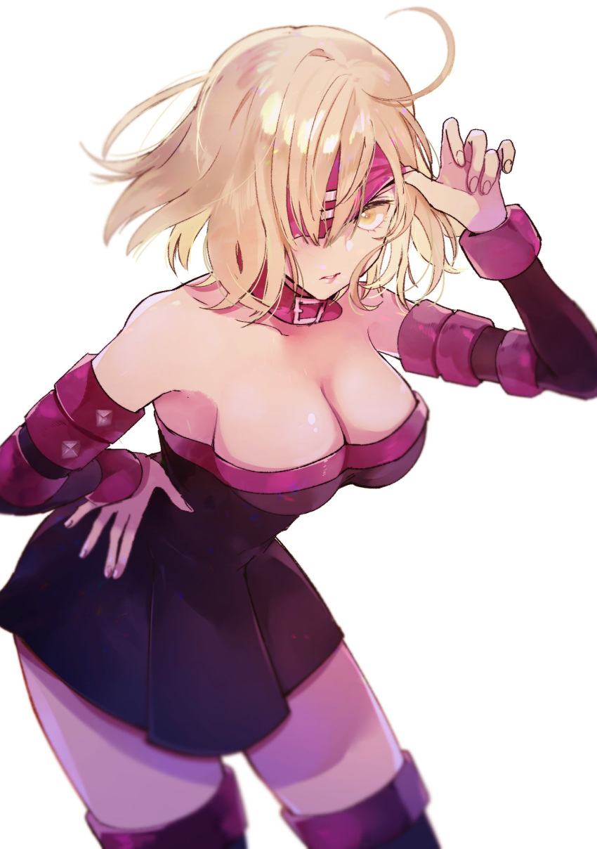 1girl bare_shoulders blindfold blonde_hair breasts cleavage commentary_request cosplay detached_sleeves dress fate/apocrypha fate/grand_order fate/stay_night fate_(series) highres jeanne_d'arc_(alter)_(fate) jeanne_d'arc_(fate)_(all) large_breasts rider rider_(cosplay) ryousuke_(tukr5384) short_hair strapless strapless_dress