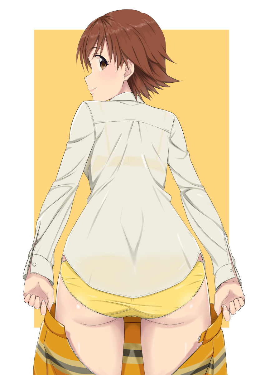 1girl absurdres ass back bangs bralines brown_eyes brown_hair closed_mouth collared_shirt commentary cowboy_shot crotch_seam dress_shirt from_behind highres honda_mio idolmaster idolmaster_cinderella_girls idolmaster_cinderella_girls_starlight_stage k-ya. long_sleeves looking_at_viewer looking_back miniskirt open_clothes open_skirt panties plaid plaid_skirt pleated_skirt pulled_by_self shirt short_hair simple_background skirt skirt_pull smile solo standing underwear white_shirt yellow_background yellow_panties yellow_skirt