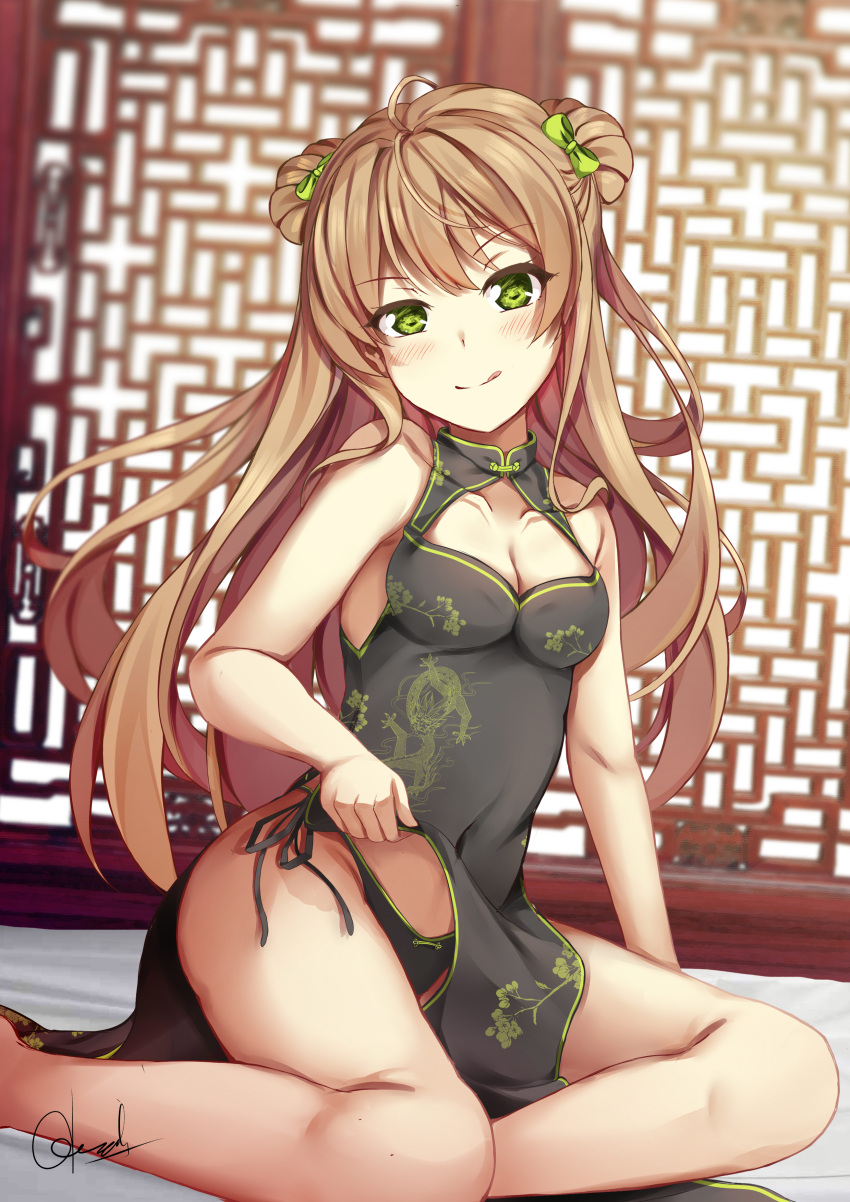 :d absurdres blush bow breasts brown_hair china_dress chinese_clothes chrisandita cleavage collarbone double_bun dress girls_frontline green_eyes hair_bow hair_ribbon highres long_hair open_mouth rfb_(girls_frontline) ribbon signature sitting skirt skirt_lift smile string_panties