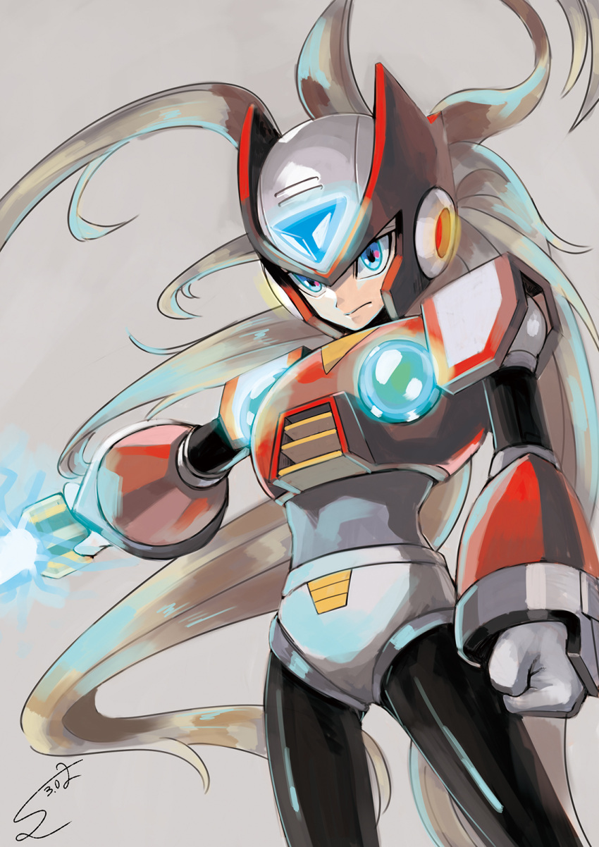1boy android blue_eyes capcom clenched_hand cowboy_shot dated energy_blade energy_sword gloves grey_background helmet highres holding lightsaber long_hair male_focus outstretched_arms power_armor rockman rockman_x signature simple_background smile solo sumomo sword weapon white_gloves zero_(rockman)