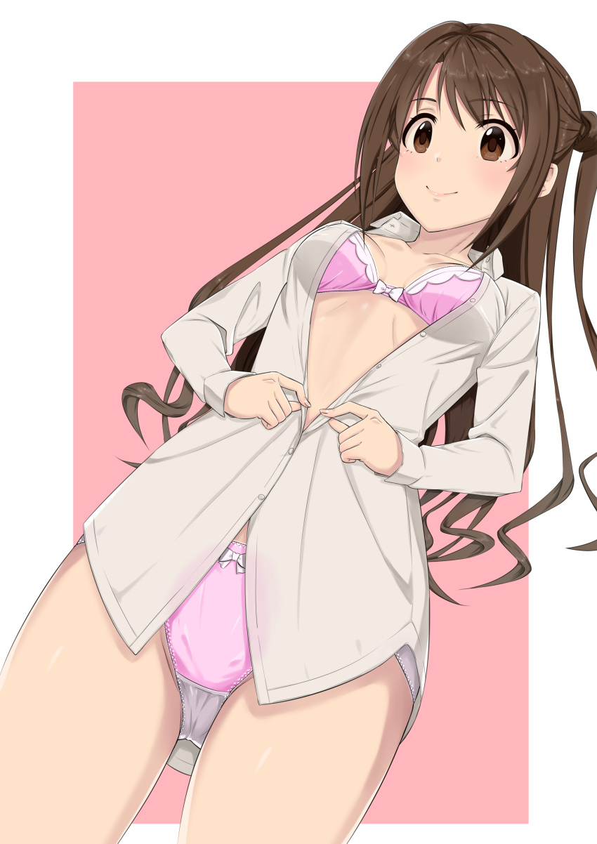 1girl absurdres bangs bow bow_bra bow_panties bra brown_eyes brown_hair closed_mouth collared_shirt commentary cowboy_shot crotch_seam dress_shirt dutch_angle eyebrows_visible_through_hair highres idolmaster idolmaster_cinderella_girls idolmaster_cinderella_girls_starlight_stage k-ya. long_hair long_sleeves looking_at_viewer no_pants one_side_up outside_border panties pink_background pink_bra pink_panties shimamura_uzuki shirt smile solo standing unbuttoned unbuttoned_shirt underwear undressing white_shirt