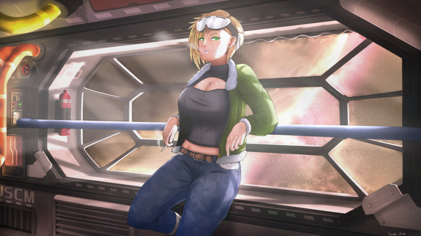 aryana_carter blonde_hair blue_pants camo_pants cigarette green_jacket original planet sci-fi sci_fi ship smoke smoking snekkestsnek starbound