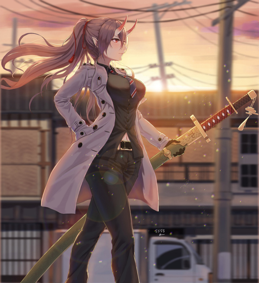 1girl 5555_96 artist_name azur_lane bangs belt black_gloves black_pants black_shirt blurry blurry_background blush breasts buckle closed_mouth coat collared_shirt evening floating_hair gloves ground_vehicle hair_between_eyes hand_in_pocket highres holding holding_sword holding_weapon horns izumo_(azur_lane) katana large_breasts light_particles long_hair looking_afar mid-stride motor_vehicle necktie oni_horns open_clothes open_coat outdoors pants pointy_ears ponytail power_lines power_pole purple_hair shirt sidelocks solo sword truck walking weapon white_coat