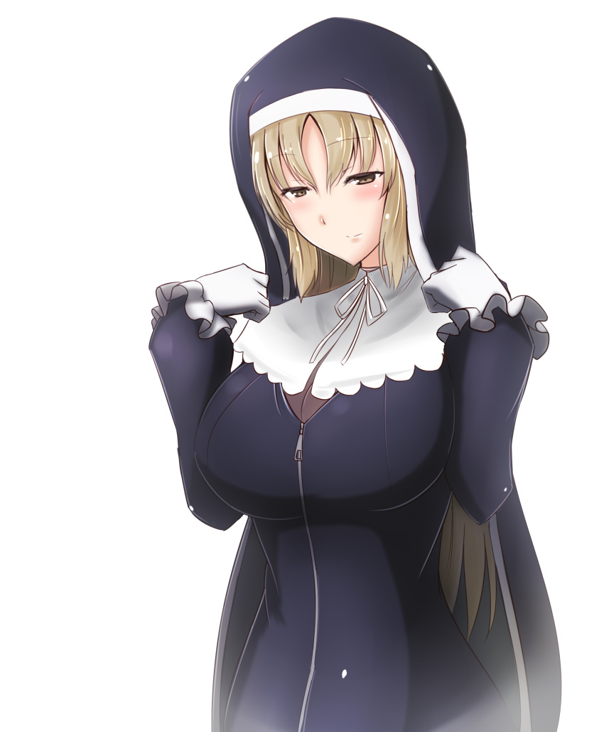 1girl absurdres bangs blonde_hair blush breasts capelet cleavage eyebrows_visible_through_hair fujikusa gloves habit highres large_breasts long_hair looking_down nijisanji nun parted_bangs see-through simple_background sister_cleaire smile solo very_long_hair virtual_youtuber white_background white_capelet white_gloves yellow_eyes zipper zipper_pull_tab