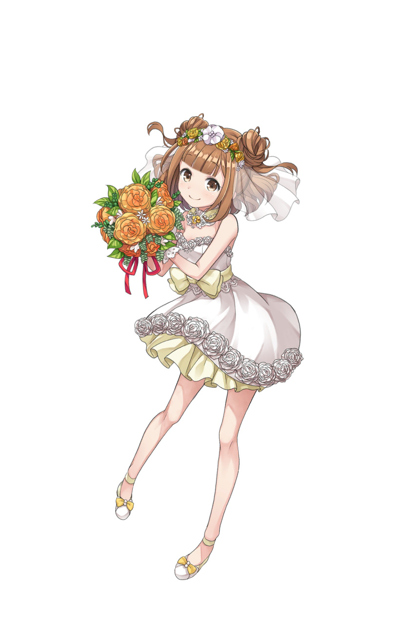 1girl bare_shoulders beatrice_(princess_principal) bouquet brown_eyes brown_hair double_bun dress flat_chest flower frilled_dress frills full_body hair_flower hair_ornament highres holding holding_bouquet looking_at_viewer official_art princess_principal princess_principal_game_of_mission see-through short_hair smile solo standing transparent_background white_dress white_footwear