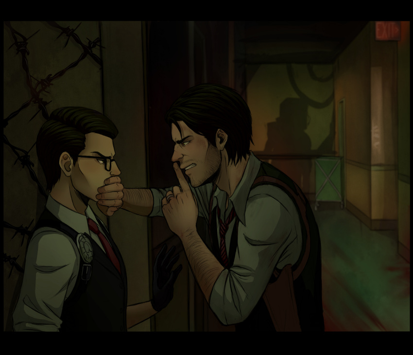 2boys black_hair collared_shirt dark exit_sign facial_hair finger_to_mouth glasses gloves highres indoors jewelry joseph_oda looking_at_another male_focus multiple_boys noah_asai red_neckwear ring sebastian_castellanos shadow shirt shushing sign sleeves_rolled_up striped_neckwear stubble the_evil_within vest white_shirt