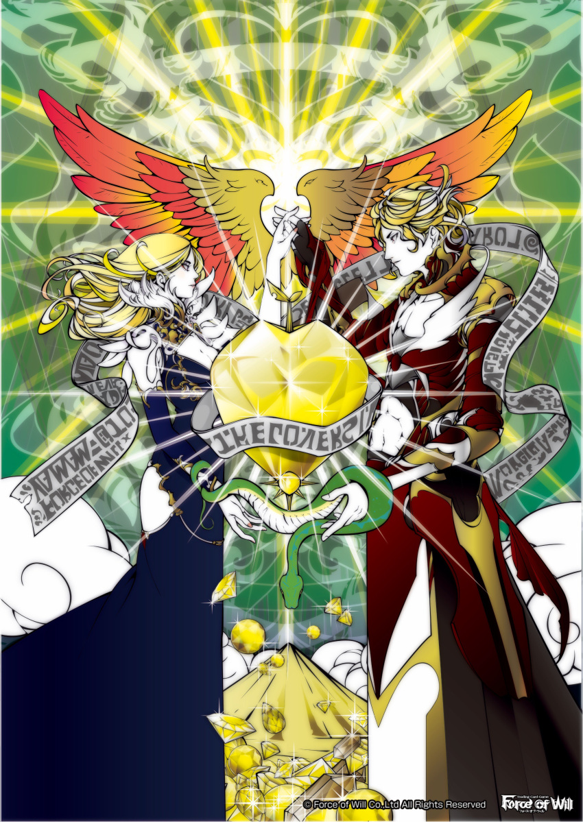 1boy 1girl abs absurdres blonde_hair breasts cleavage copyright_name curly_hair feathered_wings force_of_will fur_trim gem highres long_hair mountain navel official_art snake sparkle wings yamamoto_naoki_(bassman_naoki)