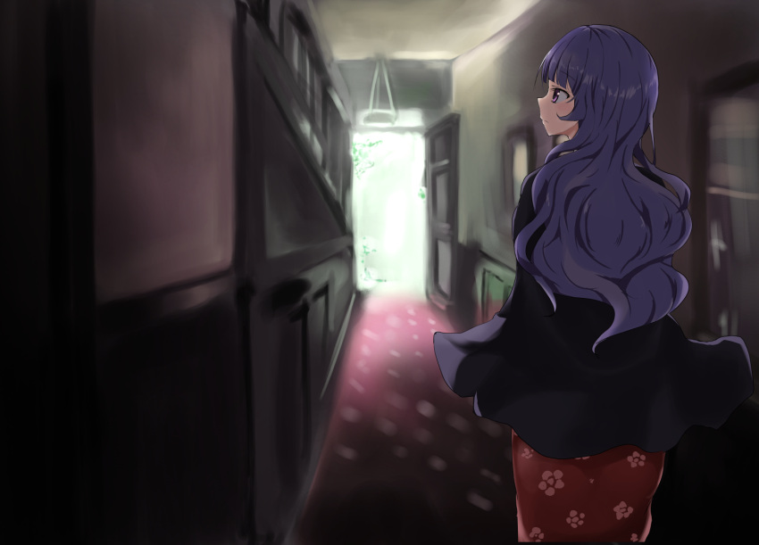 1girl bloom blue_hair carpet closed_mouth cowboy_shot day from_behind hallway indoors jacket japanese_clothes kimono lighting long_hair ootori_chacha open_door railing seseri7th solo stairs tokyo_7th_sisters very_long_hair violet_eyes wavy_hair