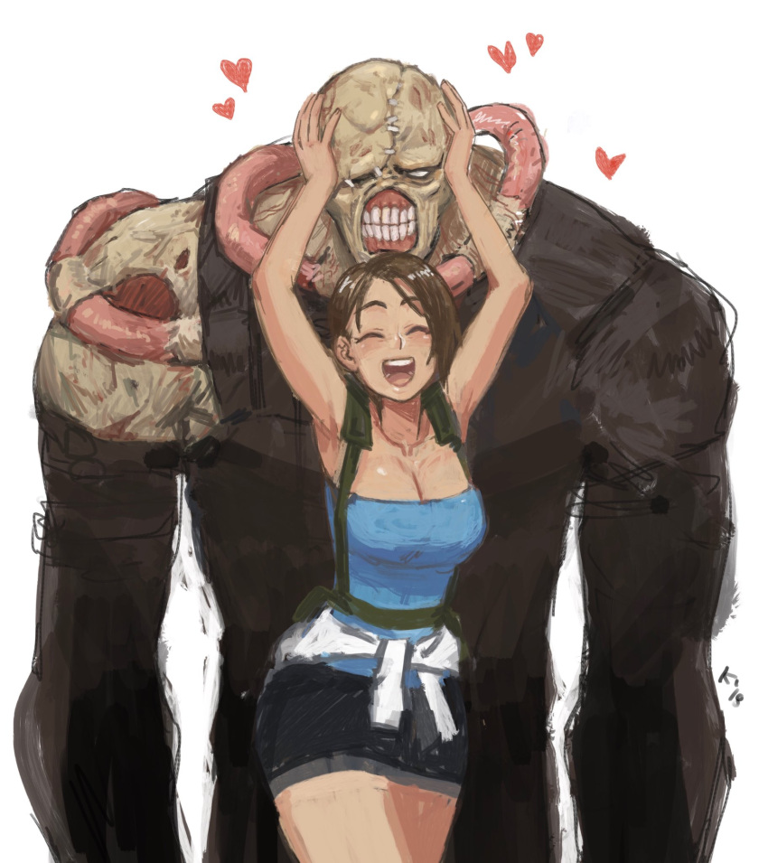 1boy 1girl ^_^ ^o^ armpits arms_up bare_arms blush breasts cleavage closed_eyes cowboy_shot hands_on_another's_head happy heart highres jill_valentine mariel_cartwright nemesis open_mouth resident_evil short_hair size_difference skirt smile stitches teeth