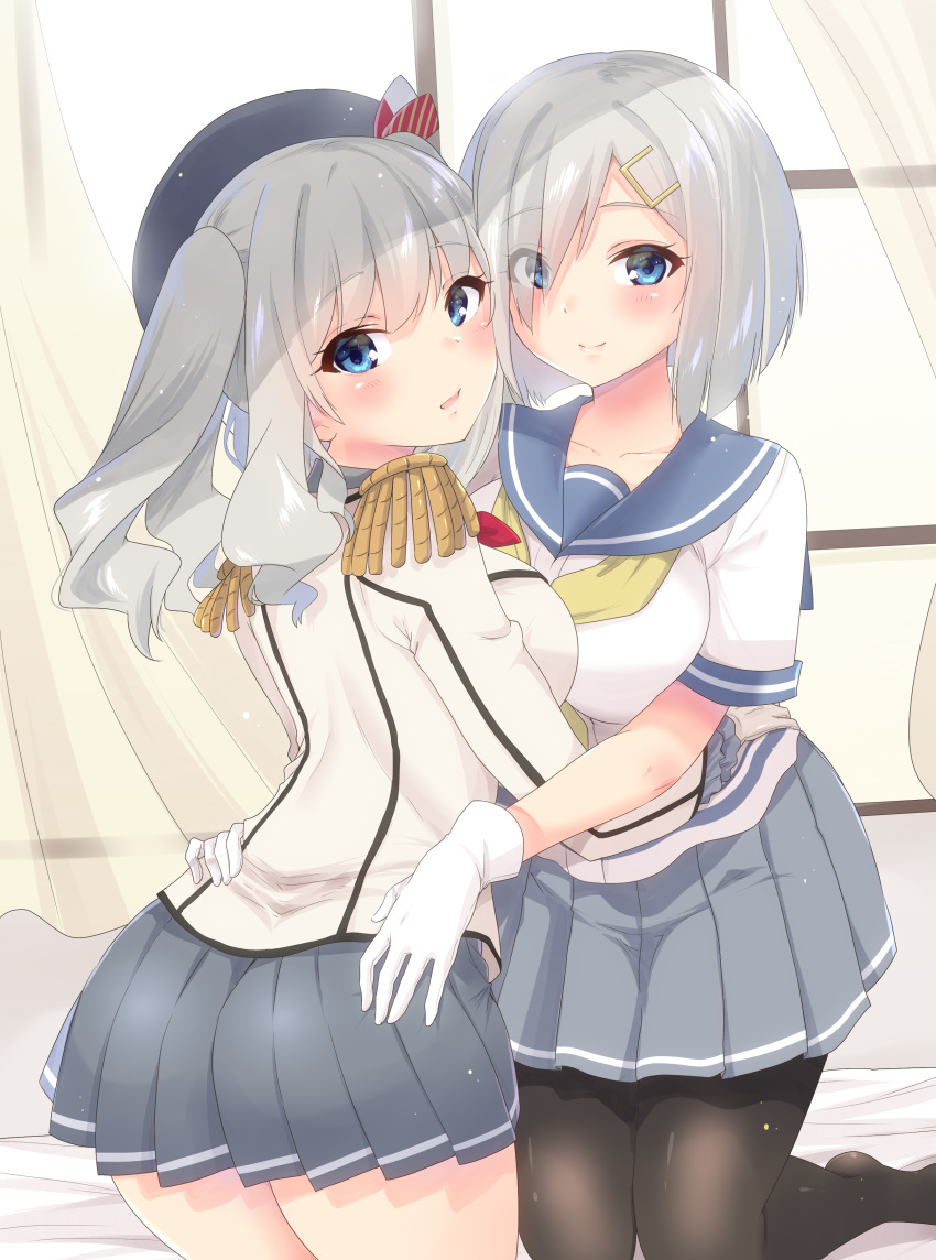 2girls absurdres ass beret black_legwear black_miniskirt blue_eyes breast_press breast_squeeze breasts buttons epaulettes eyes_visible_through_hair frilled_sleeves frills gloves hair_ornament hair_over_one_eye hairclip hamakaze_(kantai_collection) hat highres jacket kantai_collection kashima_(kantai_collection) kerchief kneeling large_breasts long_sleeves military military_jacket military_uniform multiple_girls neckerchief on_bed pantyhose pleated_skirt red_neckwear sarfata school_uniform short_hair short_sleeves silver_hair skirt symmetrical_docking twintails uniform wavy_hair white_gloves white_jacket yellow_neckwear