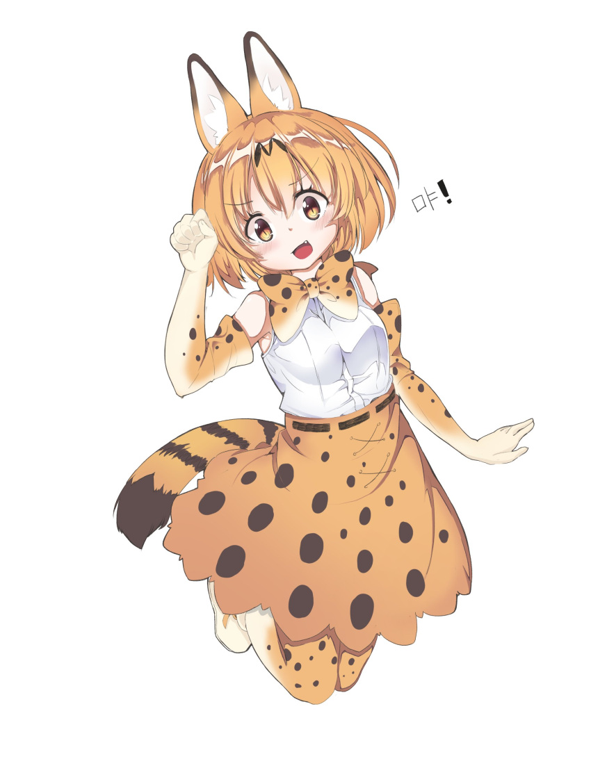 1girl absurdres animal_ears animal_ears_(artist) bare_shoulders blonde_hair bow bowtie commentary_request elbow_gloves eyebrows_visible_through_hair fang gloves highres jumping kemono_friends korean multicolored_hair paw_pose serval_(kemono_friends) serval_ears serval_print serval_tail short_hair skirt sleeveless solo tail thigh-highs translation_request