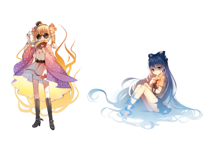 2girls belt black_footwear blonde_hair blue_bow blue_eyes blue_hair blue_skirt boots bow closed_mouth commentary_request contrapposto dress drill_hair earrings facing_viewer fan folding_fan grin hair_bow haori hat hat_bow highres holding holding_fan japanese_clothes jewelry jiji_(381134808) legs_together long_hair long_sleeves looking_at_viewer multiple_girls necklace ofuda ring round_eyewear shirt short_sleeves simple_background sitting skirt smile stuffed_animal stuffed_toy sunglasses top_hat touhou twin_drills very_long_hair white_background white_bow white_dress wide_sleeves yellow_shirt yorigami_jo'on yorigami_shion
