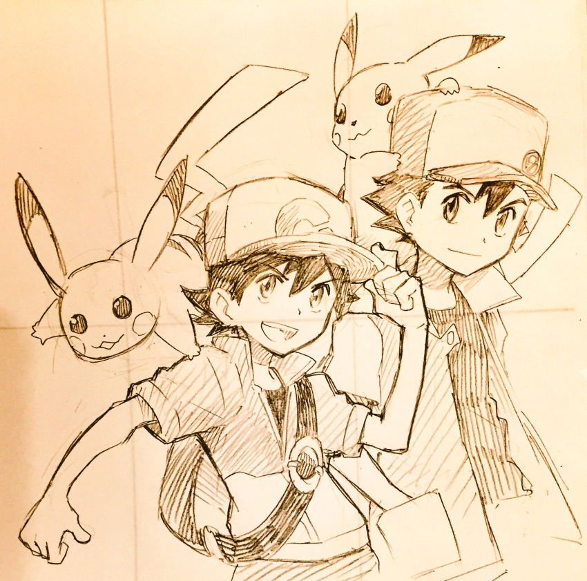 2boys adjusting_clothes adjusting_hat animal animal_on_shoulder backpack bag baseball_cap gen_1_pokemon graphite_(medium) hand_in_pocket hat highres jacket male_focus male_protagonist_(pokemon_lgpe) multiple_boys open_mouth pokemon pokemon_(anime) pokemon_(classic_anime) pokemon_(creature) pokemon_(game) pokemon_lgpe satoshi_(pokemon) sei_jun short_sleeves traditional_media upper_body