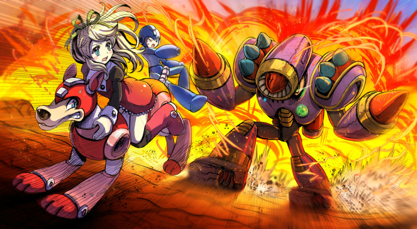 1girl android animal arm_cannon blonde_hair blue_eyes capcom dog explosion fire hair_ornament helmet jumping kiwakiwa long_hair long_sleeves looking_back napalmman one_eye_closed open_mouth ponytail riding robot robot_animal rockman rockman_(character) rockman_(classic) rockman_5 rockman_8 roll rush_(rockman) weapon