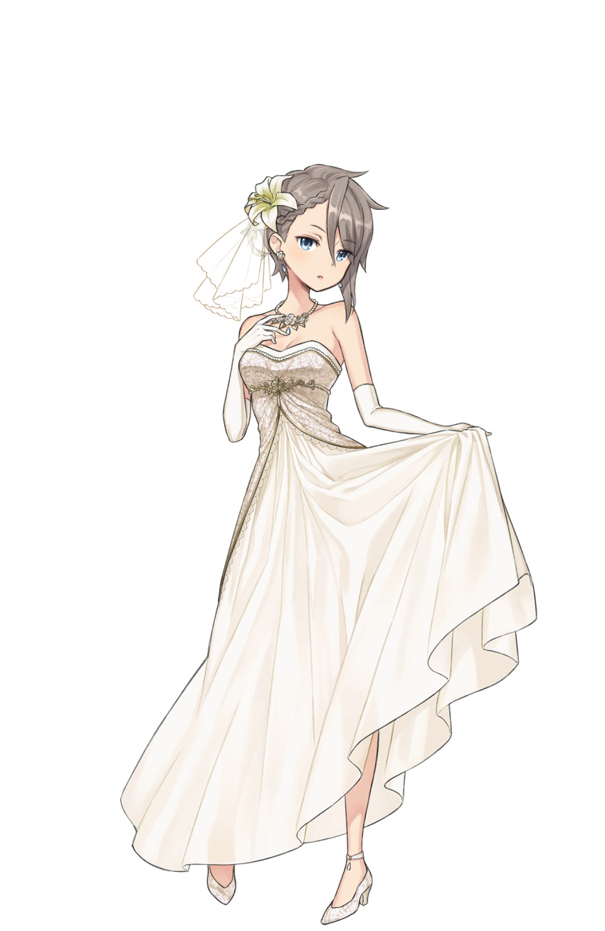 1girl ange_(princess_principal) bare_shoulders blue_eyes bouquet braid breasts bridal_gauntlets cleavage dress earrings flower full_body gloves grey_hair hair_flower hair_ornament high_heels highres indoors jewelry lily_(flower) looking_at_viewer necklace official_art princess_principal princess_principal_game_of_mission short_hair skirt_hold solo standing transparent_background white_dress white_footwear white_gloves