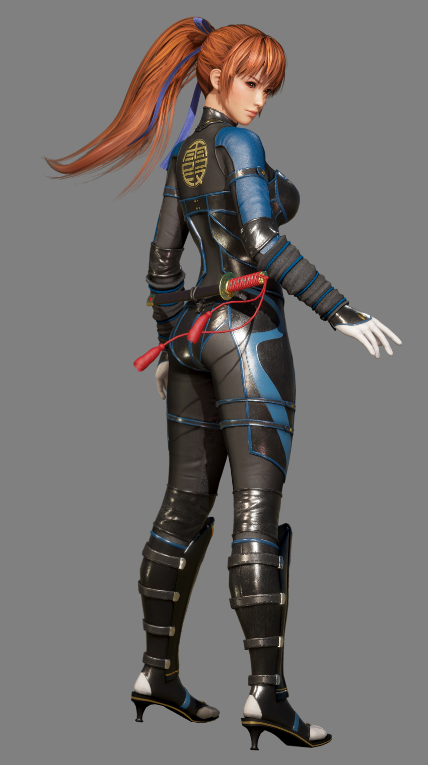 1girl 3d absurdres ass back blue_ribbon bodysuit brown_eyes brown_hair dead_or_alive dead_or_alive_6 full_body grey_background hair_ribbon high_heels highres kasumi_(doa) looking_back official_art ponytail ribbon shin_guards simple_background solo standing wakizashi weapon