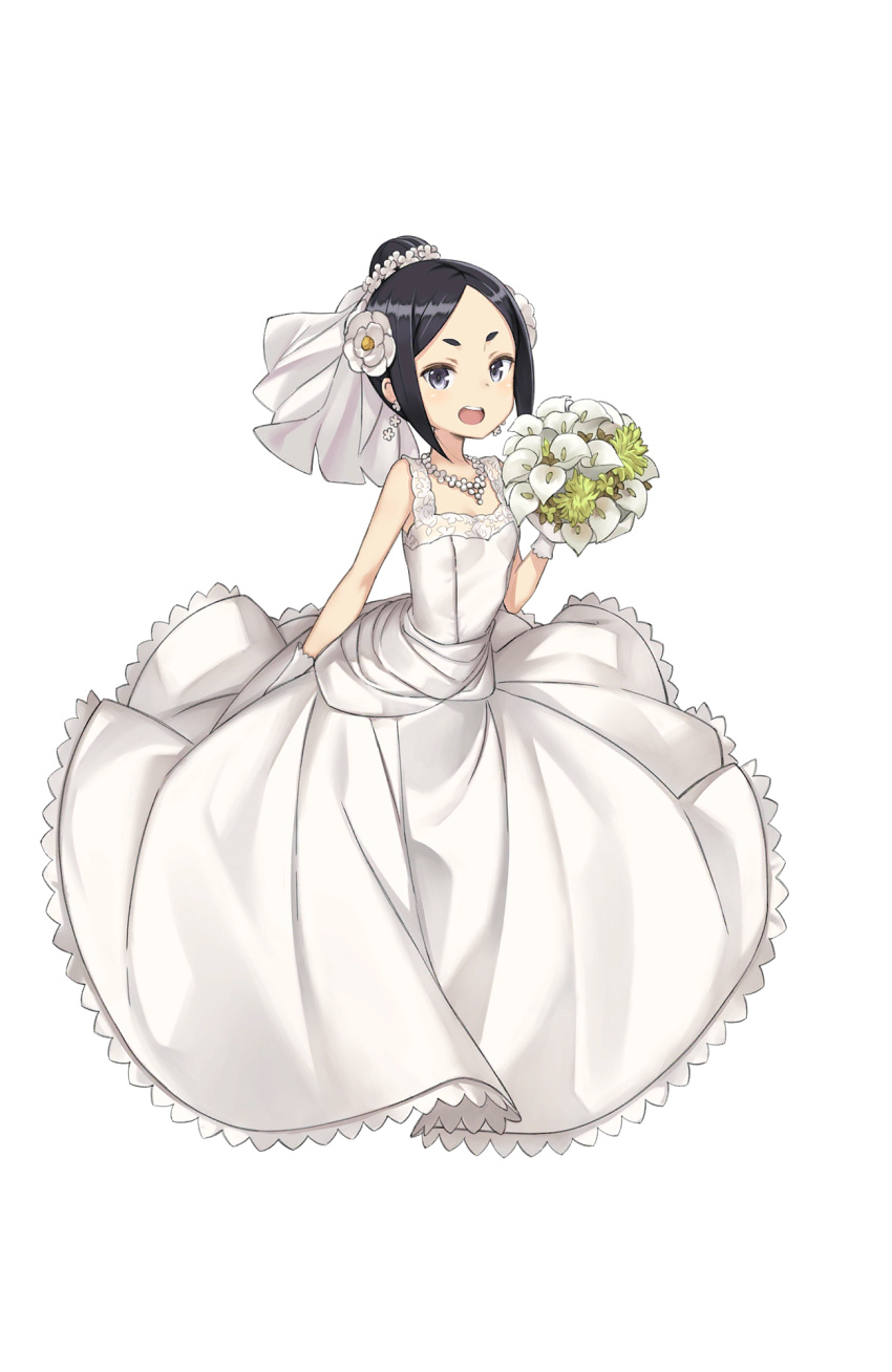 1girl :d arm_at_side bare_shoulders black_eyes black_hair bouquet dress earrings flower full_body gloves hair_bun hair_flower hair_ornament highres holding holding_bouquet jewelry looking_at_viewer necklace official_art open_mouth princess_principal princess_principal_game_of_mission short_hair smile solo toudou_chise transparent_background white_dress white_gloves