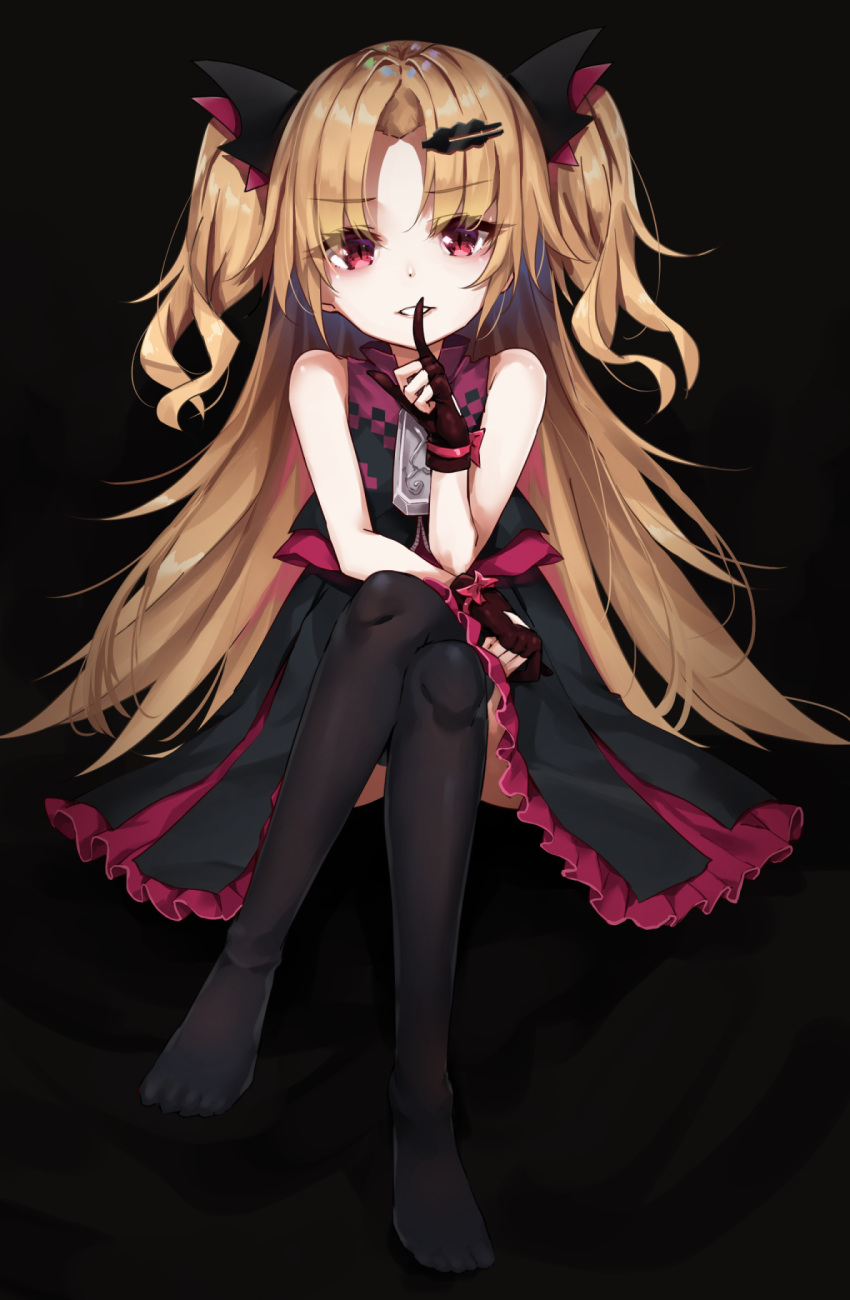 1girl akatsuki_yuni bangs bare_arms black_background black_legwear blonde_hair bow dress eyebrows_visible_through_hair feet finger_to_mouth frilled_dress frills full_body gloves hair_ornament hairclip highres legs_crossed long_hair looking_at_viewer no_shoes parted_bangs parted_lips partly_fingerless_gloves pink_eyes shushing sitting sleeveless sleeveless_dress slit_pupils solo thigh-highs two-tone_dress two_side_up uni_channel very_long_hair virtual_youtuber yuuuuu