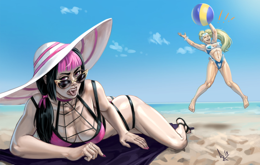 !! 2girls adapted_costume alternate_hairstyle ass ball bangs barefoot beach beachball bikini black_hair blonde_hair blue_bikini breasts cleavage commentary diepod english_commentary han_juri hat headband heart hot jumping large_breasts lying medium_breasts multiple_girls muscle muscular_female nail_polish ocean on_stomach pale_skin pink_hair pink_nails rainbow_mika sandals side_ponytail strap_gap street_fighter street_fighter_v summer sun_hat sunglasses swimsuit thong toenail_polish tongue tongue_out violet_eyes yellow-framed_eyewear