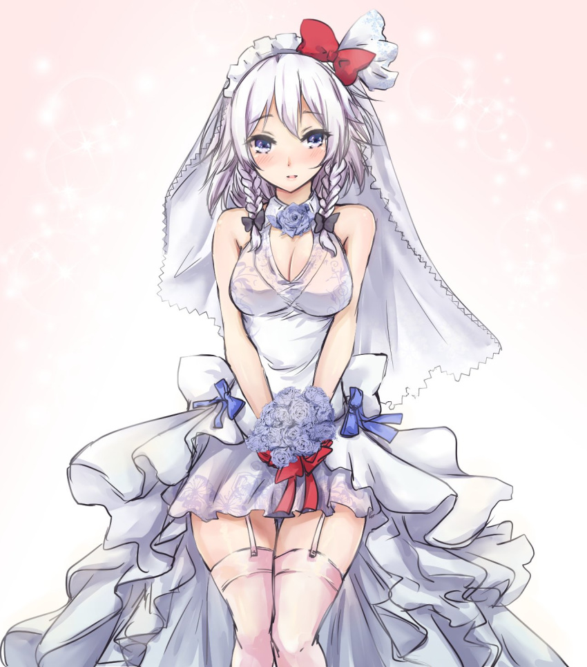 1girl alternate_costume amagi_(amagi626) bare_arms bare_shoulders black_bow blue_eyes blue_flower blue_ribbon blue_rose blush bouquet bow braid breasts bridal_veil cleavage commentary_request dress eyebrows_visible_through_hair floral_print flower garter_straps gradient gradient_background hair_bow hair_ribbon highres holding holding_bouquet holding_flower izayoi_sakuya large_breasts looking_at_viewer maid_headdress parted_lips pink_background pink_legwear red_bow red_ribbon ribbon rose short_hair silver_hair sleeveless sleeveless_dress solo sparkle thigh-highs touhou twin_braids veil wedding_dress white_background white_dress white_ribbon