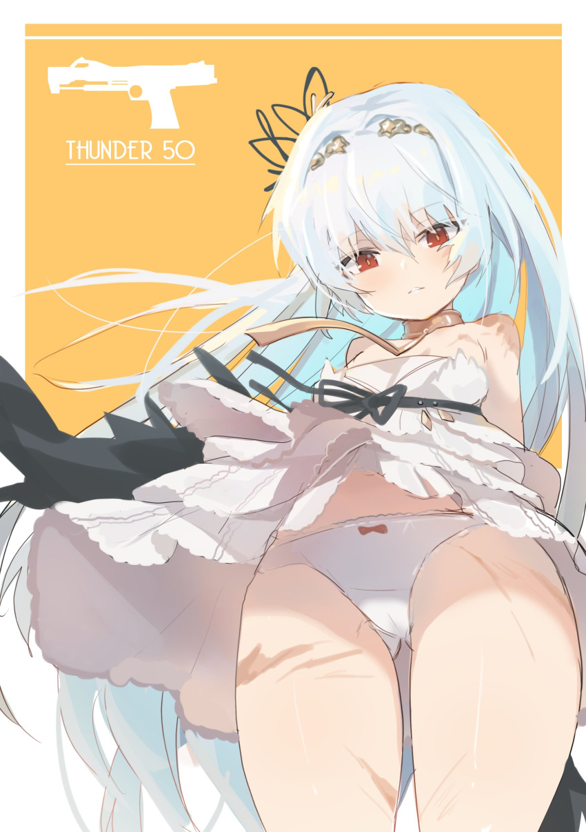 1girl absurdres copyright_request dress from_below highres jingo long_hair looking_at_viewer looking_down panties pantyshot pantyshot_(standing) parted_lips red_eyes silver_hair solo standing thighs underwear upskirt white_border white_dress white_panties yellow_background