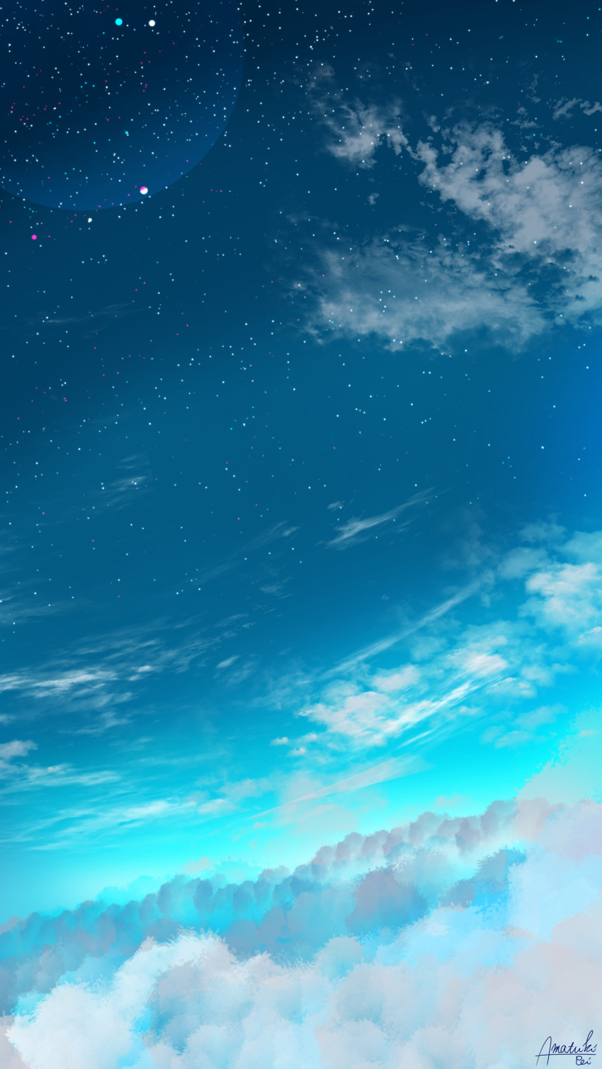 above_clouds absurdres amatsuki_rei blue blue_sky clouds commentary_request day highres lens_flare no_humans original outdoors scenery signature sky star_(sky) starry_sky