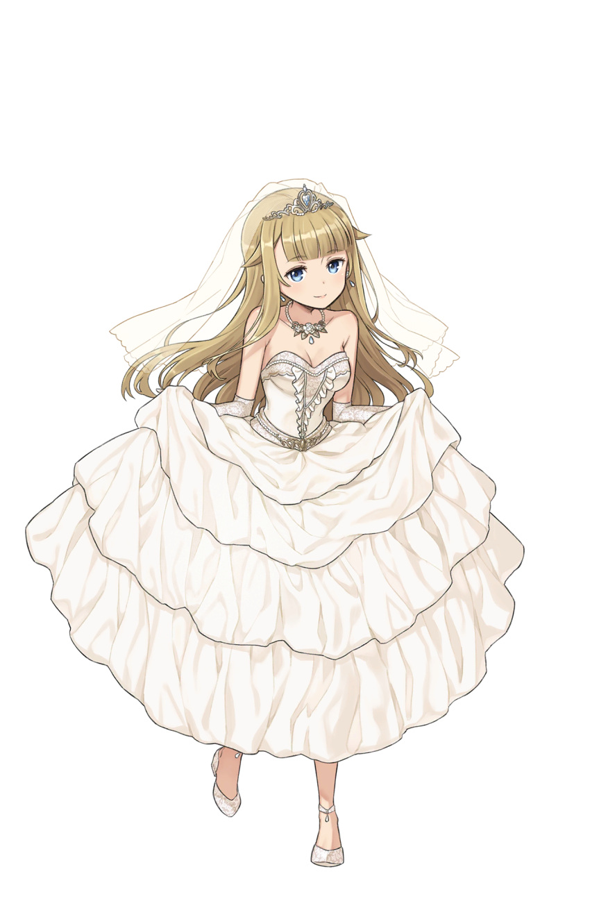 1girl bare_shoulders blonde_hair blue_eyes breasts bridal_gauntlets cleavage dress earrings full_body highres jewelry long_hair looking_at_viewer necklace official_art princess_(princess_principal) princess_principal princess_principal_game_of_mission skirt_hold solo standing tiara transparent_background veil very_long_hair white_dress white_footwear