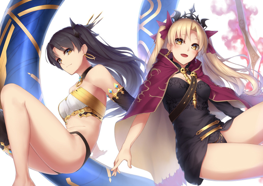 2girls :d bare_shoulders black_legwear black_panties blonde_hair bow breasts cape closed_mouth commentary_request detached_sleeves earrings enosan ereshkigal_(fate/grand_order) fang fate/grand_order fate_(series) hair_bow hair_ribbon heavenly_boat_maanna highres ishtar_(fate/grand_order) jewelry long_hair looking_at_viewer medium_breasts multiple_girls necklace open_mouth panties red_bow red_cape red_ribbon revision ribbon simple_background single_thighhigh skull smile thigh-highs thighs tiara tohsaka_rin twintails underwear weapon white_background yellow_eyes