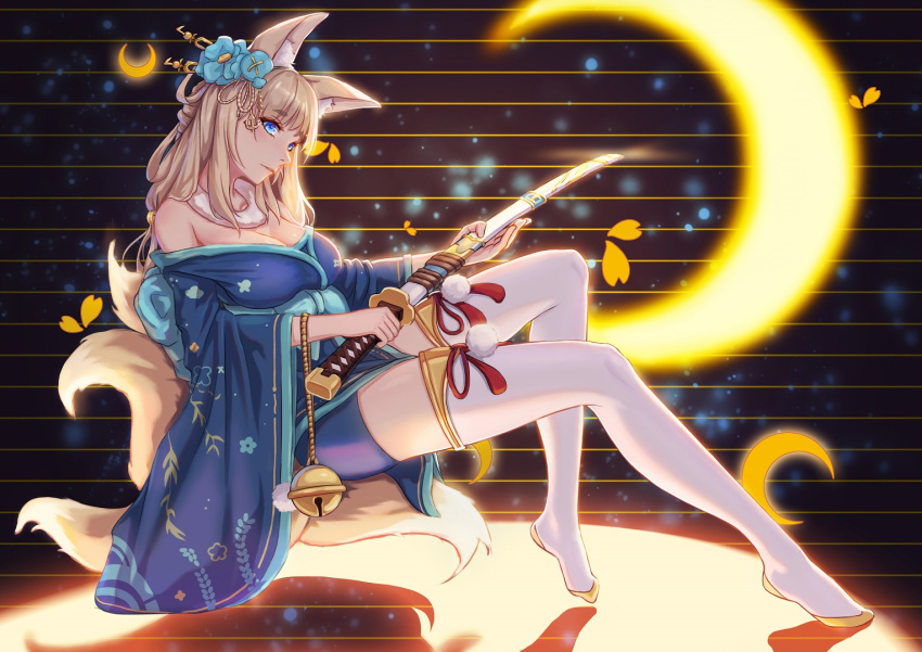 1girl 5555_96 animal_ears azur_lane backlighting bangs bare_shoulders bell blonde_hair blue_eyes blue_flower blue_kimono blush breasts cleavage crescent_moon eyebrows_visible_through_hair floating flower fox_ears fox_tail hair_flower hair_ornament head_tilt holding holding_sword holding_weapon japanese_clothes jingle_bell kimono long_hair looking_at_viewer moon multiple_tails niizuki_(azur_lane) off_shoulder sidelocks sitting skindentation solo sword tail tears thick_eyebrows thigh-highs thighs weapon white_legwear wide_sleeves