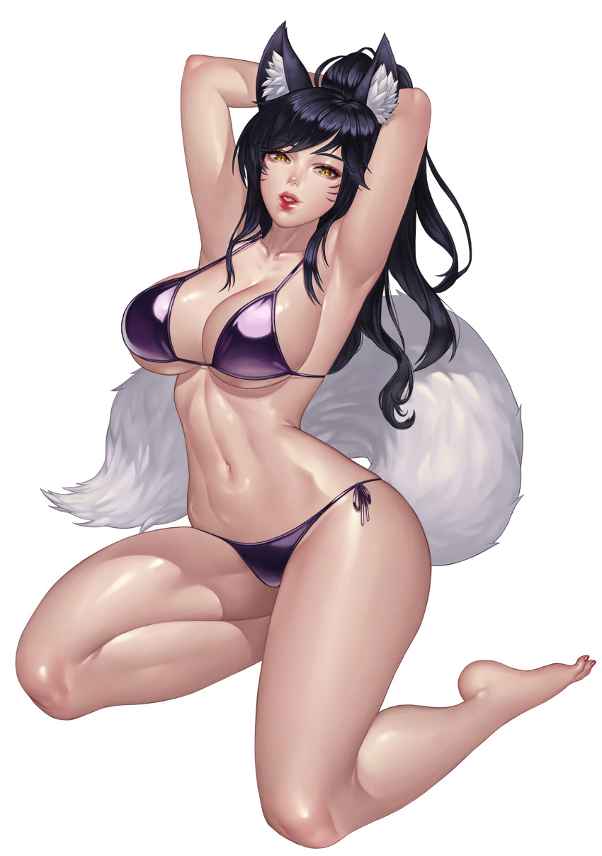 1girl adjusting_hair ahri animal_ears armpits bangs barefoot bikini black_hair breasts cleavage detached_sleeves eyelashes feet fox_ears fox_tail highres karmiel large_breasts league_of_legends lips nail_polish navel parted_lips ponytail shiny shiny_skin simple_background solo swept_bangs swimsuit tail under_boob whisker_markings white_background yellow_eyes